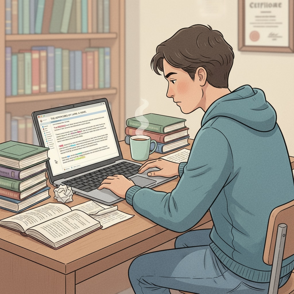 A student facing workload pressure while studying English literature and working on creative writing for a master's degree