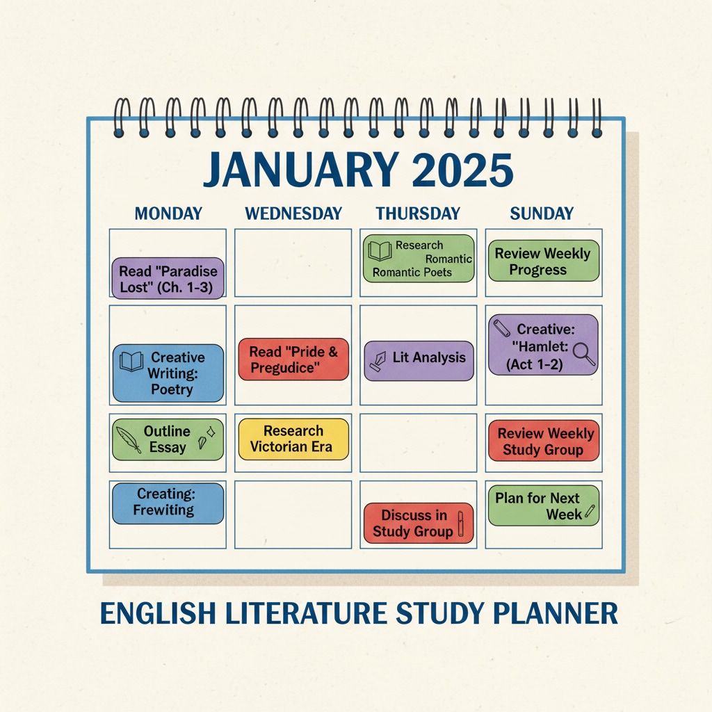 A calendar helping a student manage workload pressure in an English literature and creative writing master's program