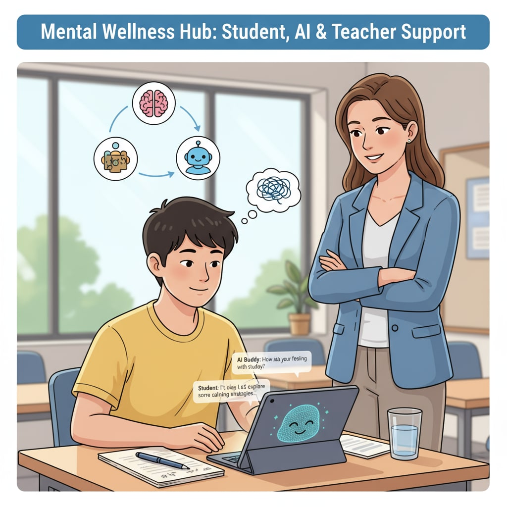 A student interacting with an AI mental health support system and a human teacher in K12 mental health research