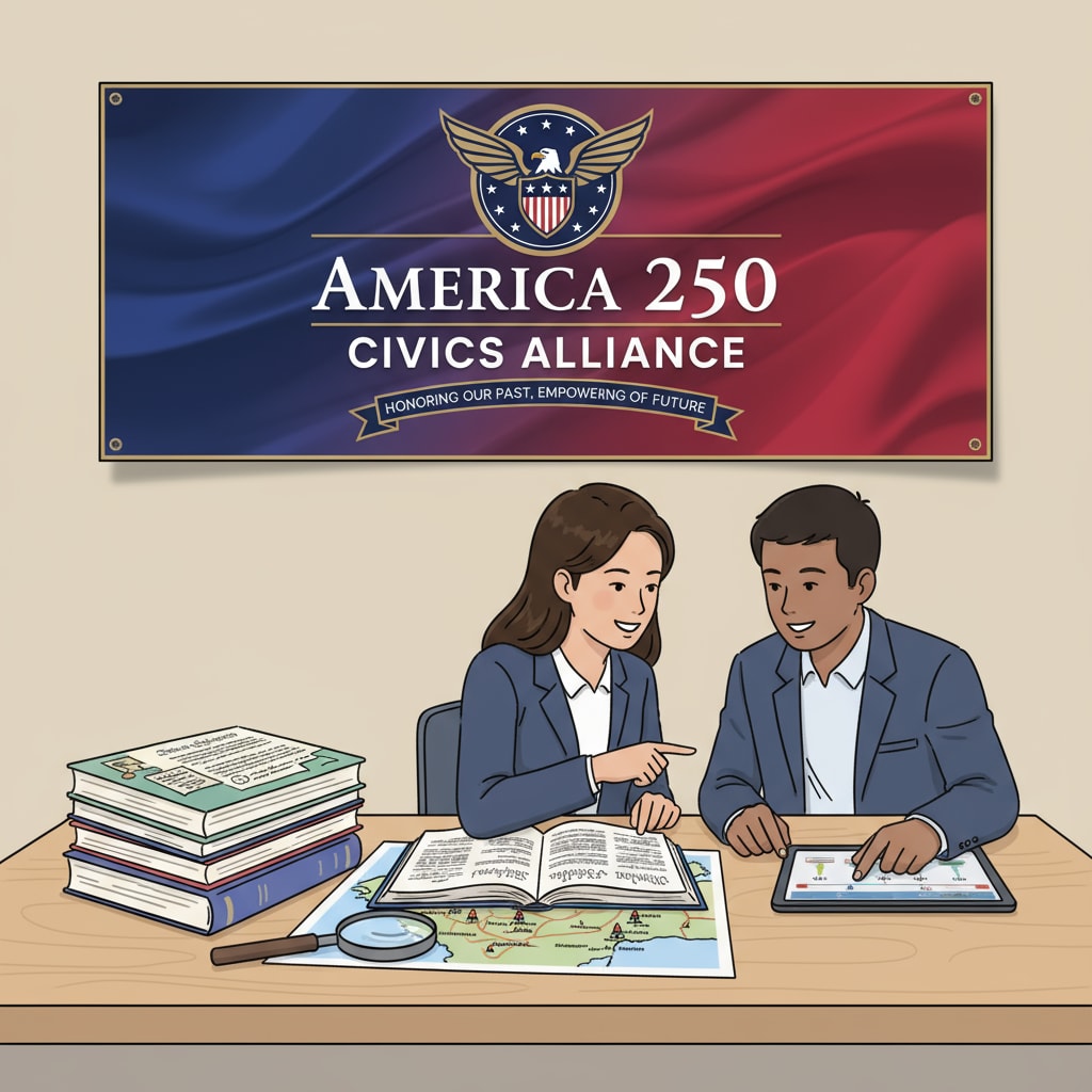 The logo of the America 250 Civics Alliance and educational materials