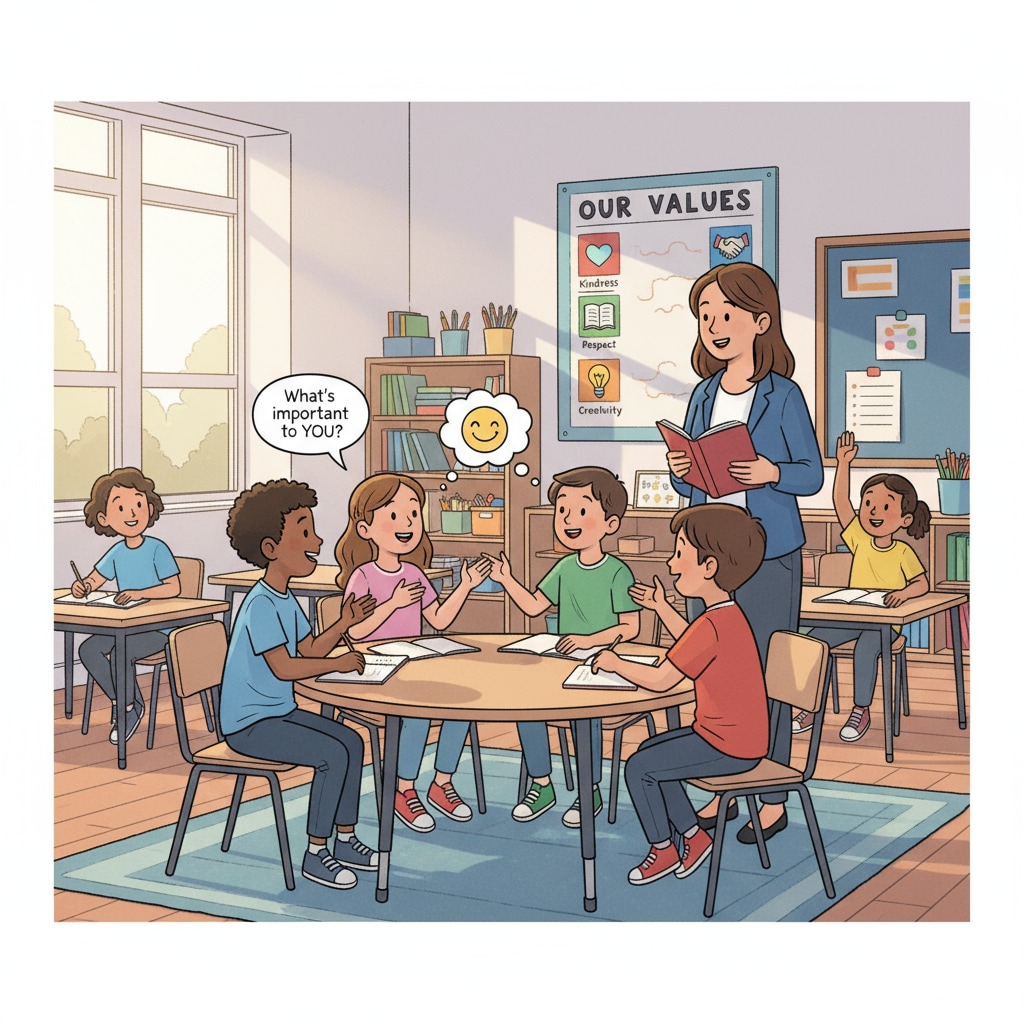 Students discussing values in a classroom, highlighting moral relativism, common values, and social divisions
