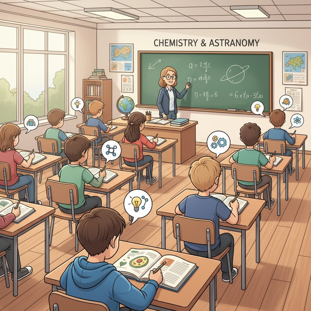 Classroom scene focusing on academic knowledge learning related to school education, life skills, and practical knowledge