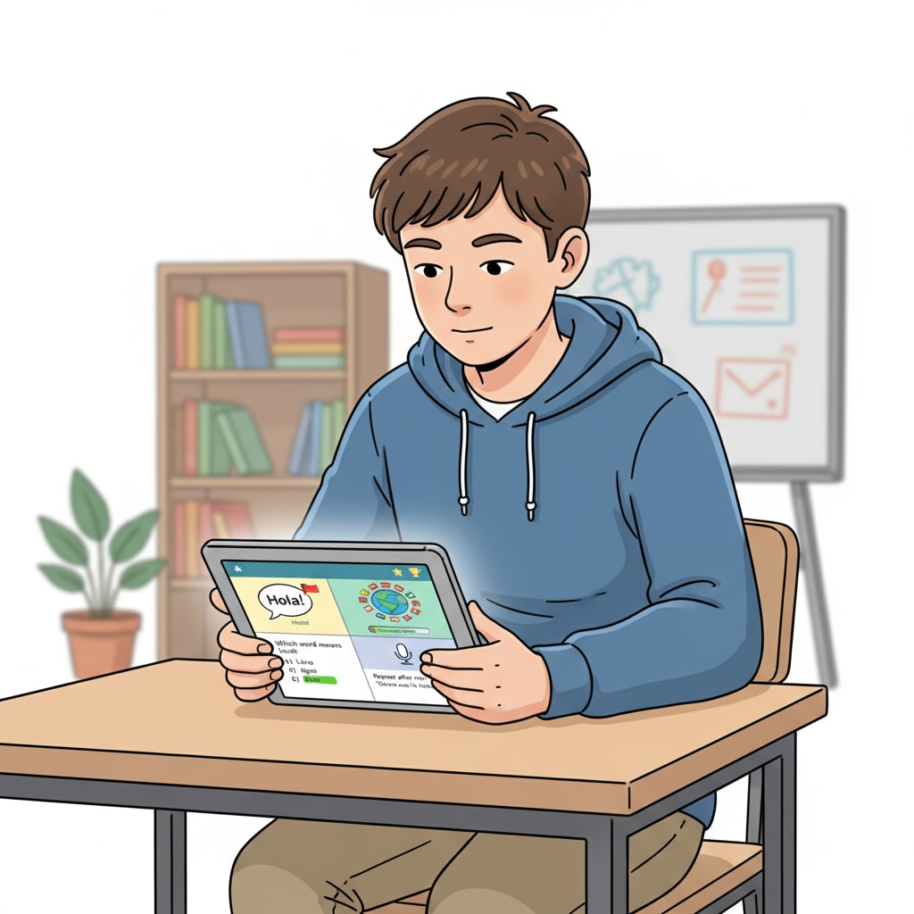 Student using language learning app for multilingual learning, language acquisition, and learning methods