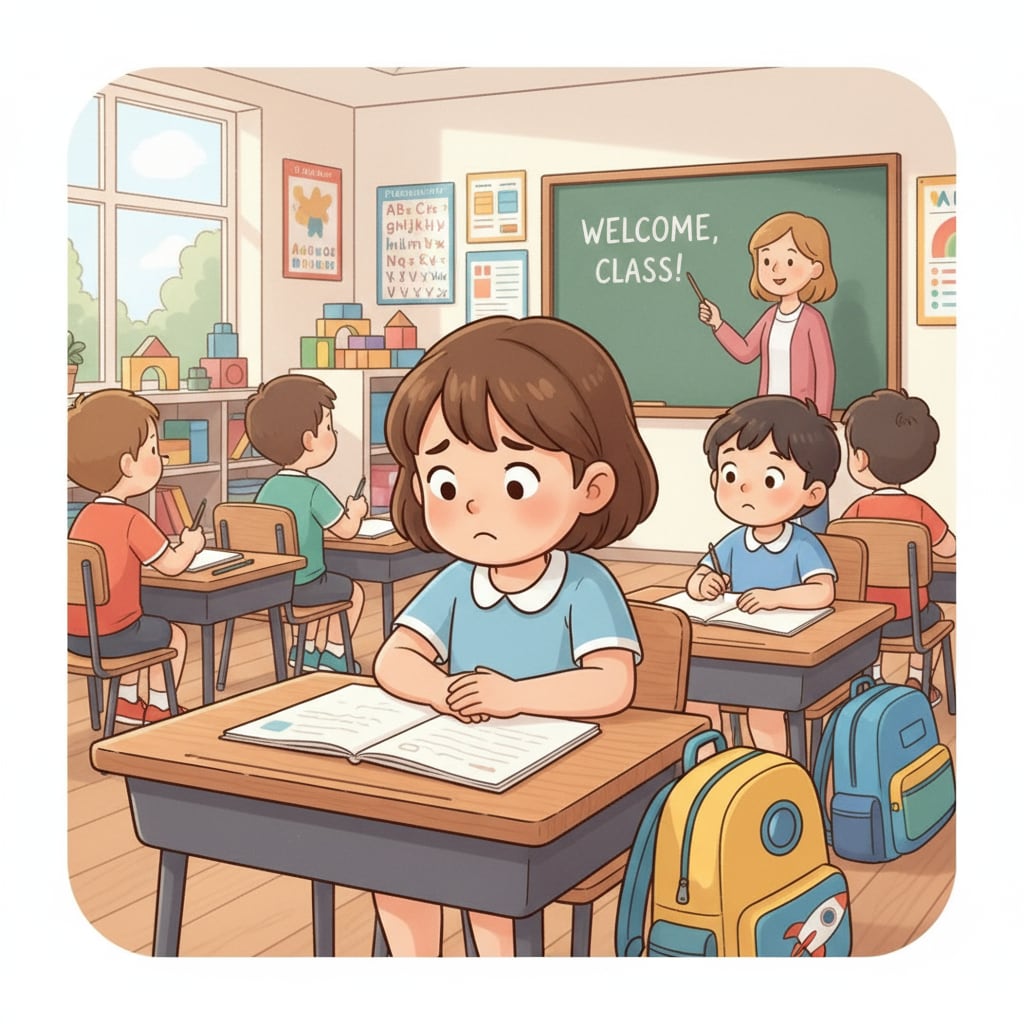 A nervous high-ability child starting a new school transition in a classroom setting related to dual special education