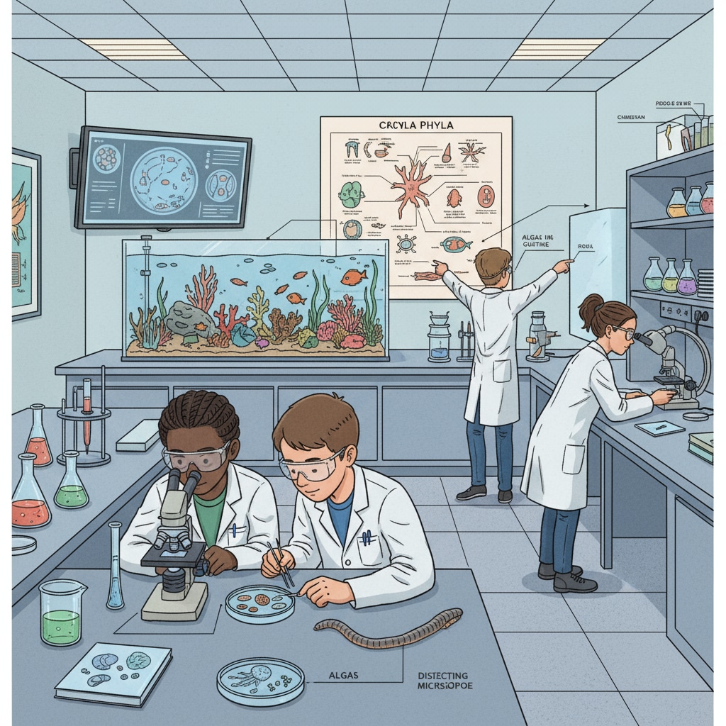 Students with no science background examining marine specimens for marine biology degree study