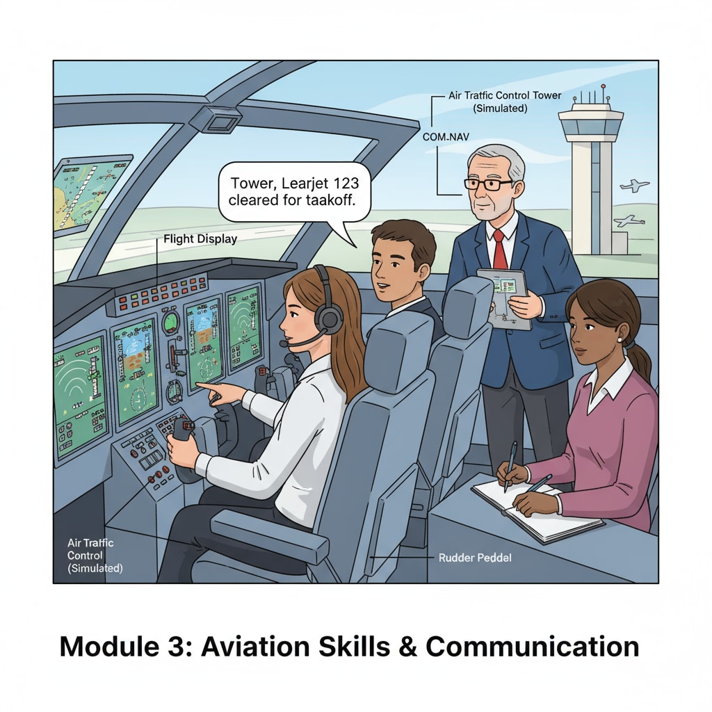 Students practicing aviation skills related to pilot training including communication and situational awareness