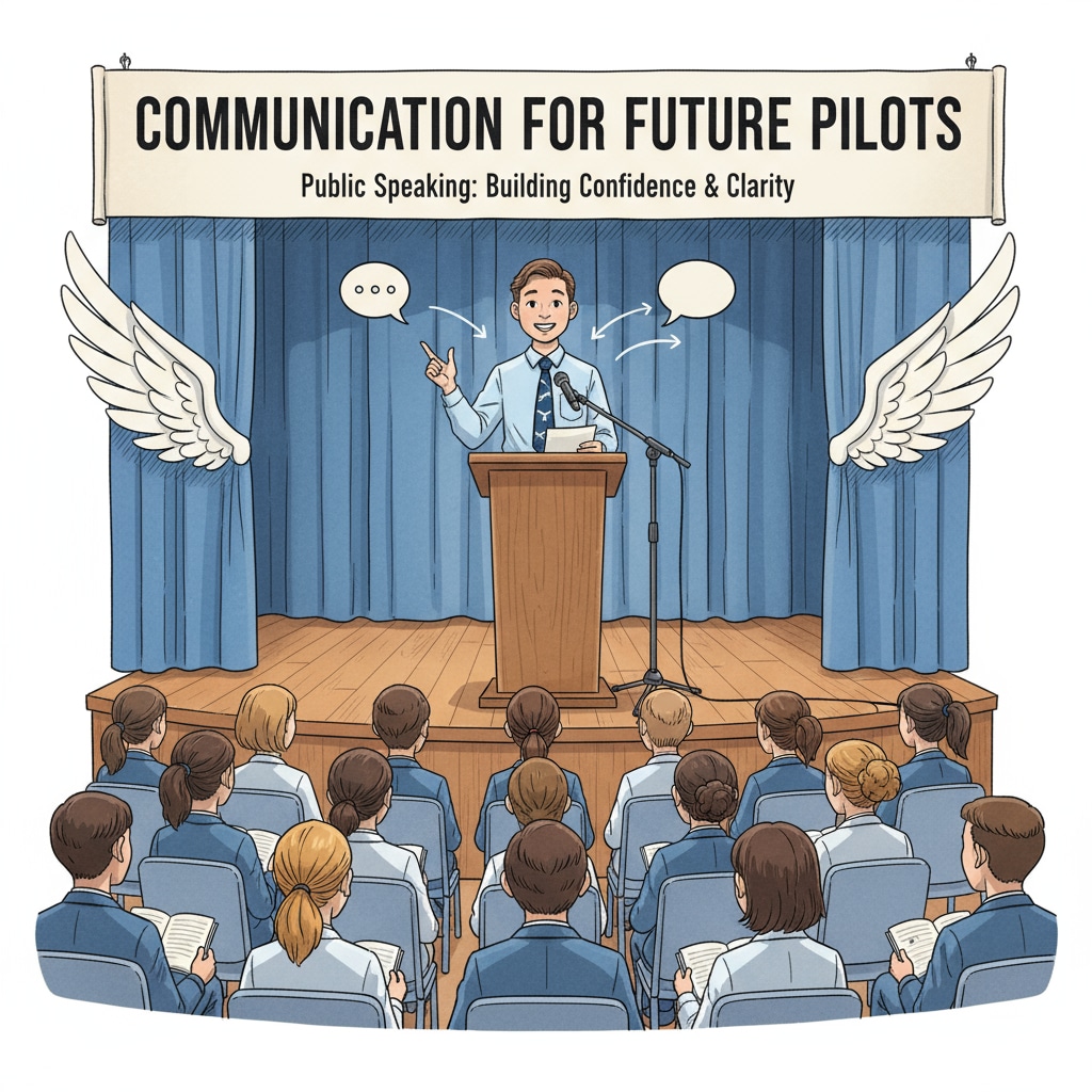 Student practicing public speaking for developing communication skills relevant to pilot skills