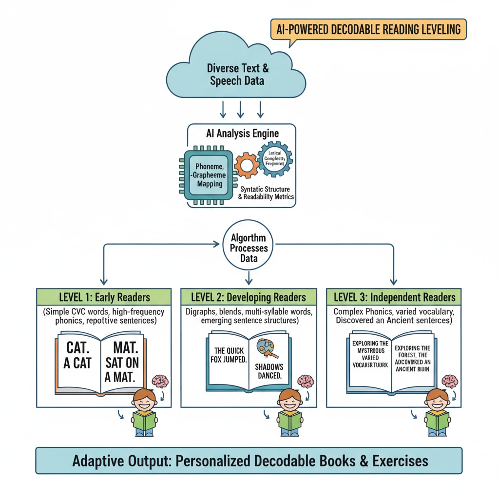The process of AI generating decodable reading materials for educational applications.