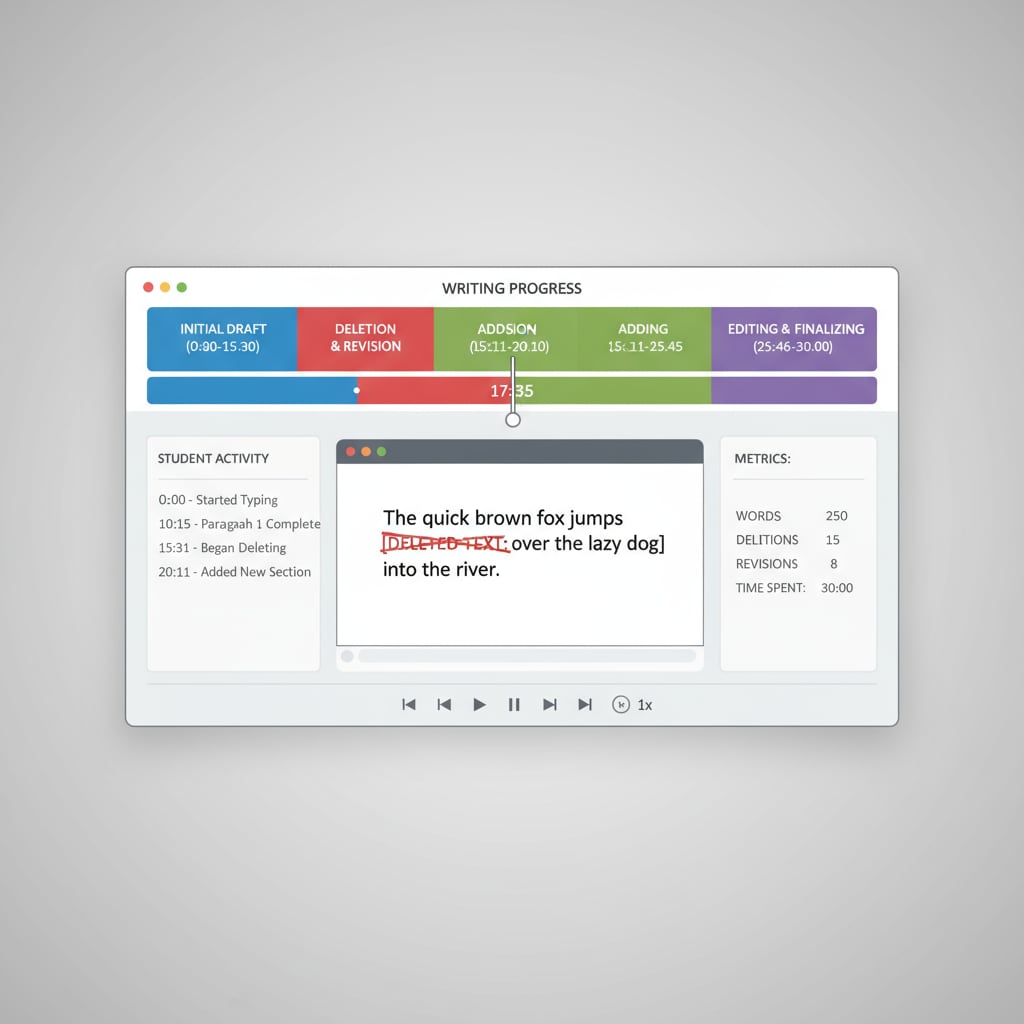 Document replay tool interface showing student's writing timeline for plagiarism detection and instructional support