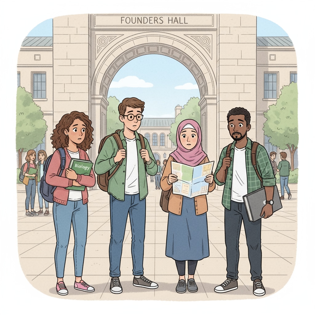 Home-schooled students on their first day at college, showing signs of nervousness related to the transition