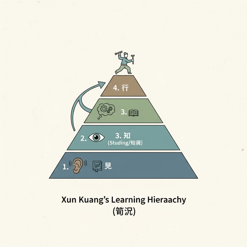 Visual representation of Xun Kuang's learning hierarchy related to learning theories, cone of experience, practical learning, sensory engagement