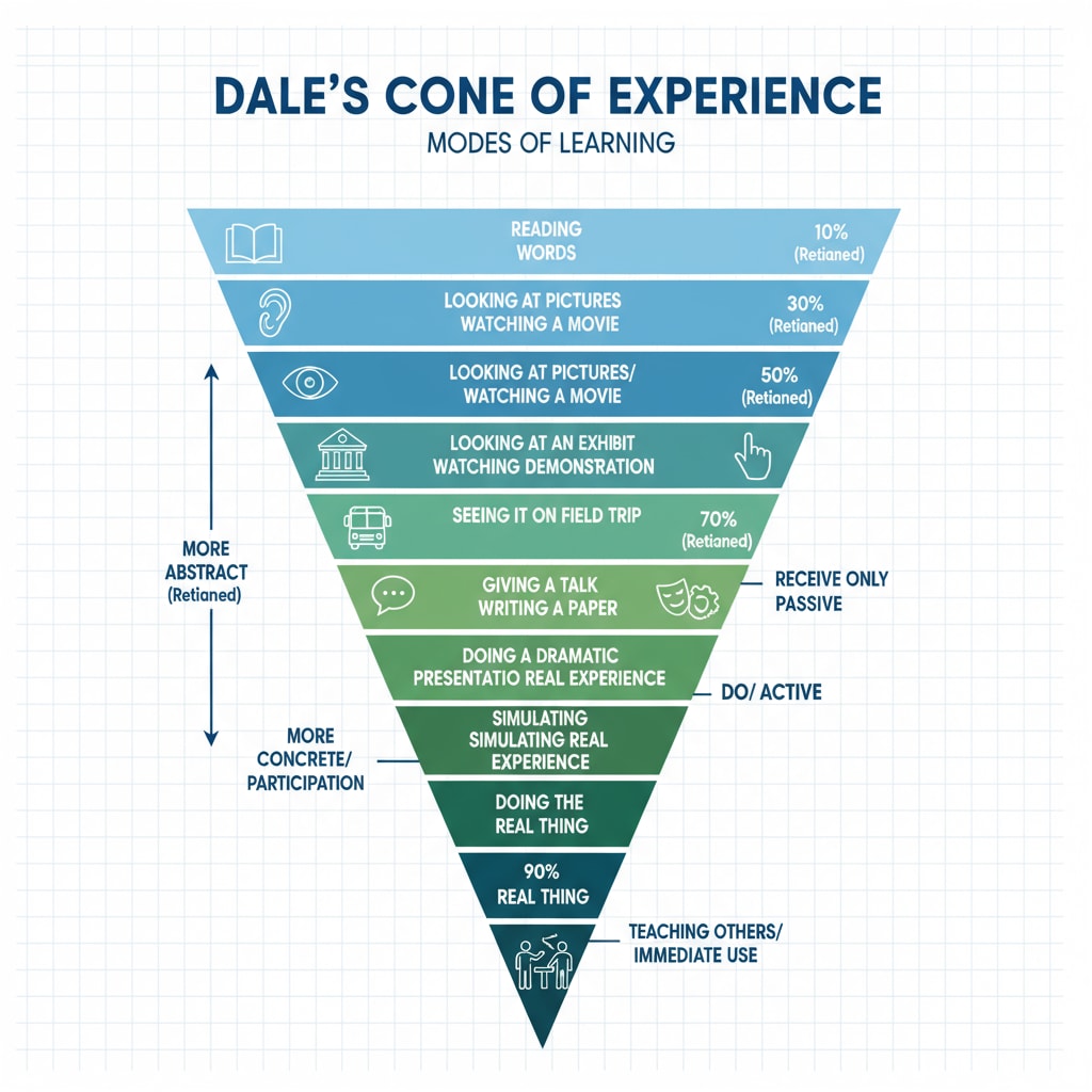 Diagram of Edgar Dale's Cone of Experience relevant to learning theories, cone of experience, practical learning, sensory engagement