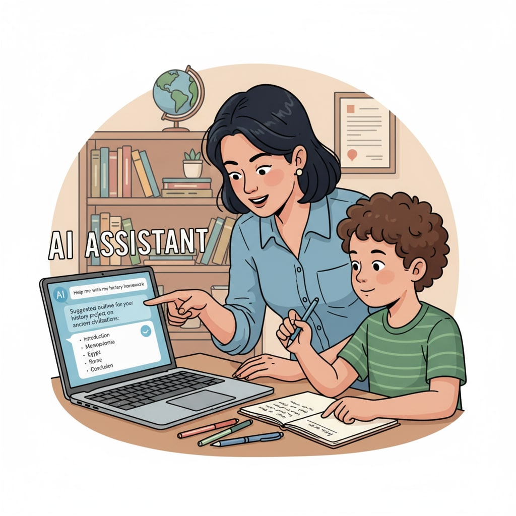 A parent using AI to assist a child with homework, highlighting AI cheating, parental indulgence, and academic integrity issues.