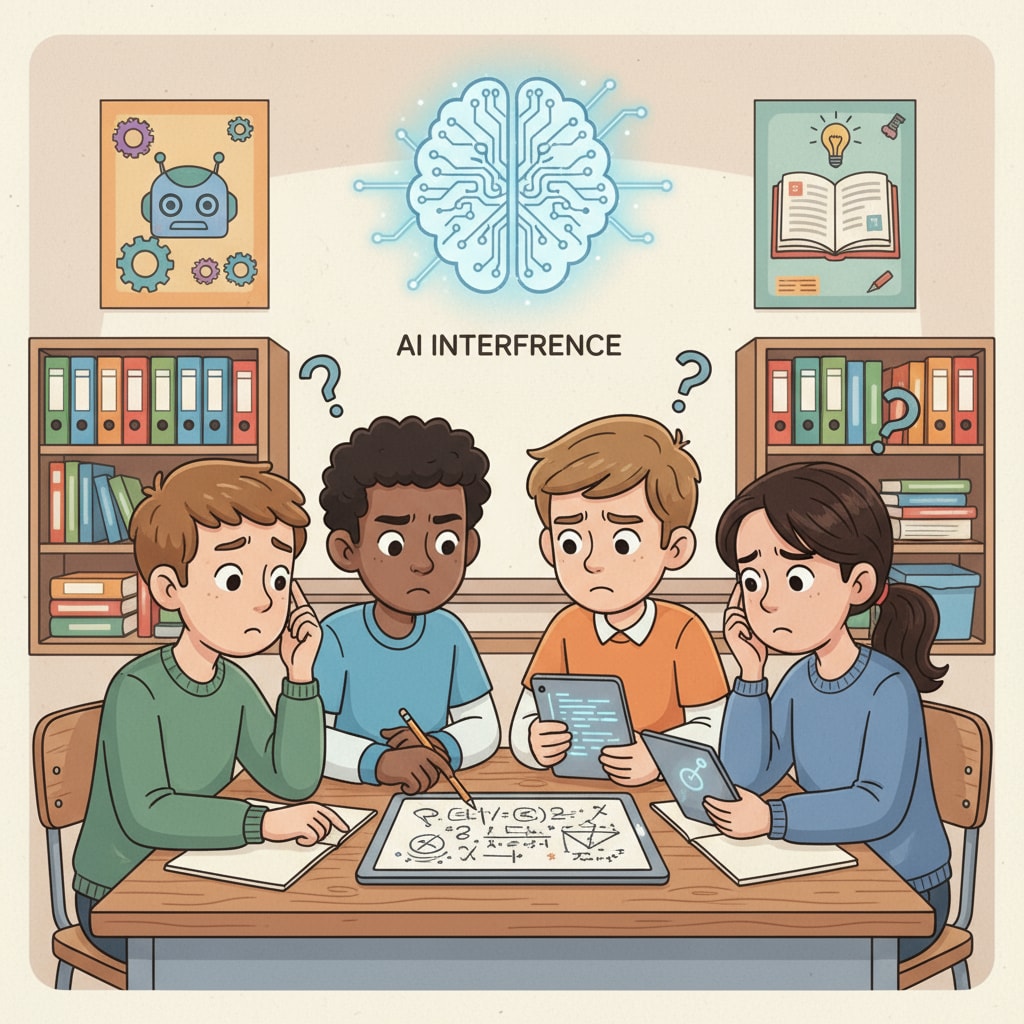 Students struggling with a problem while AI looms in the background, related to AI cheating, parental indulgence, and academic integrity concerns.