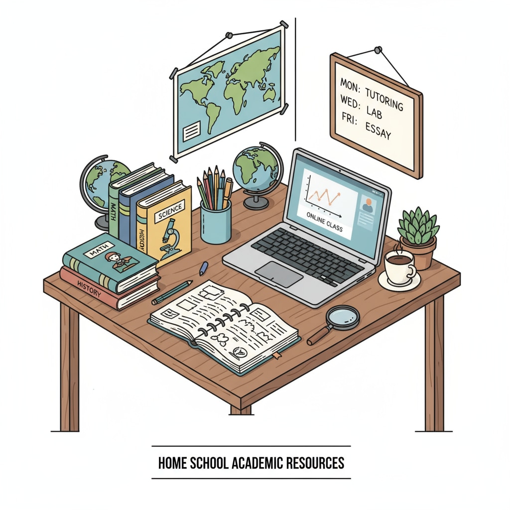 A study table filled with a variety of educational items like textbooks, laptops, and stationery, representing the academic resources available for home schooling. Academic resources for home schooling on a study table
