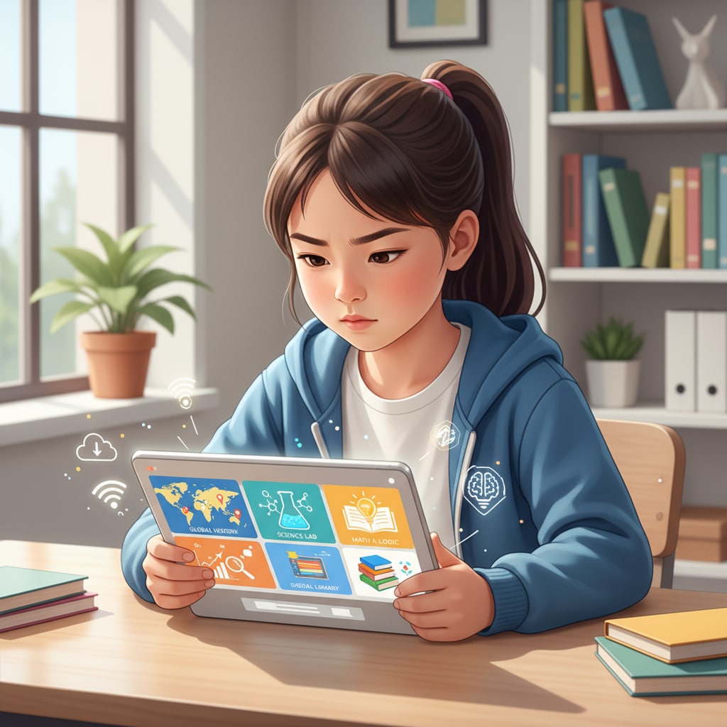 A young student concentrating on a tablet with educational apps displayed on the screen, highlighting the use of digital academic resources. Student using educational apps for home schooling