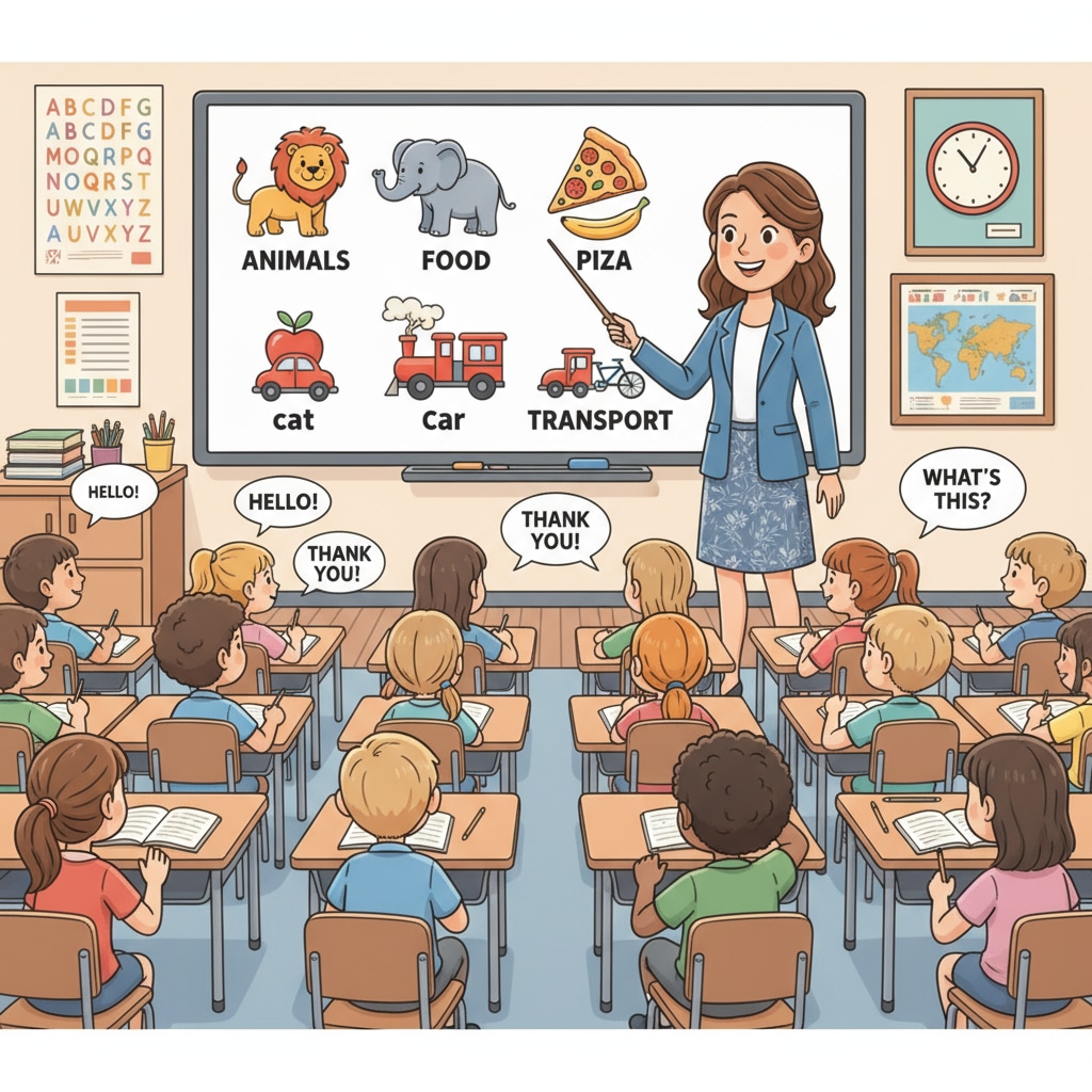 A strict teacher in an English classroom related to English courses, strict teachers, and grade changes