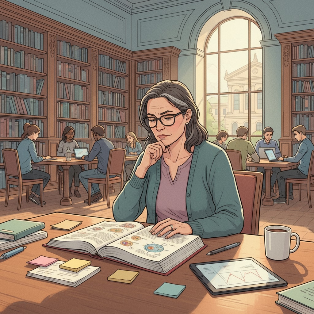 A non-traditional student studying intently in the library, despite age anxiety and late enrollment.