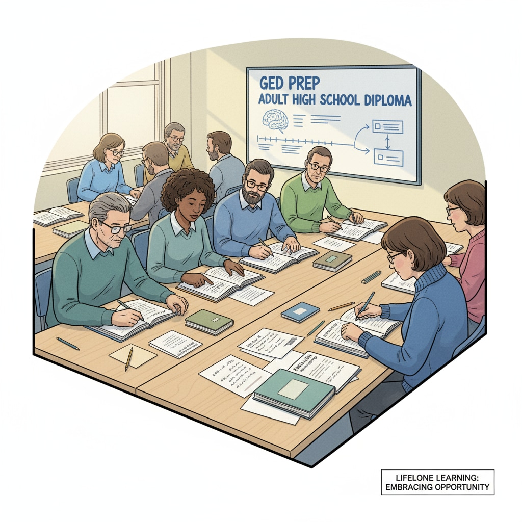 Adult learners preparing for GED or adult high school diploma relevant to college applications