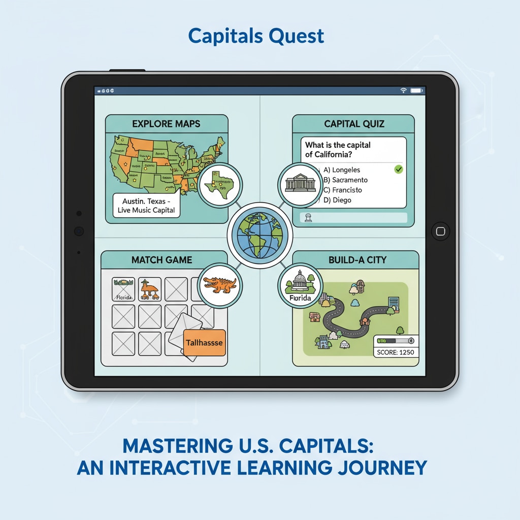 A screenshot of a state capital learning app showing learning modules for geography education
