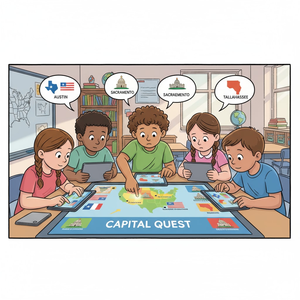Students using state capital learning apps in a classroom for geography learning