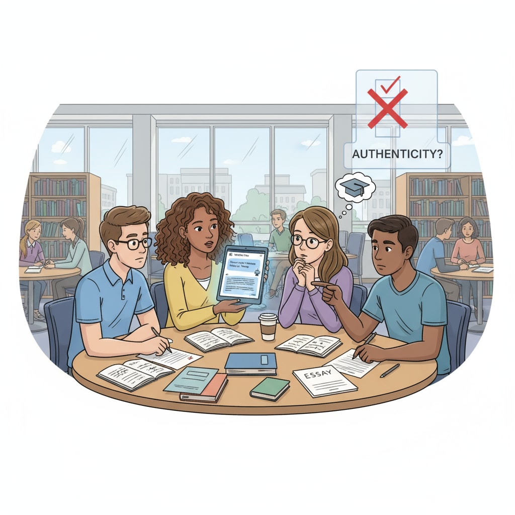 Students discussing assignments with an AI writing app in sight