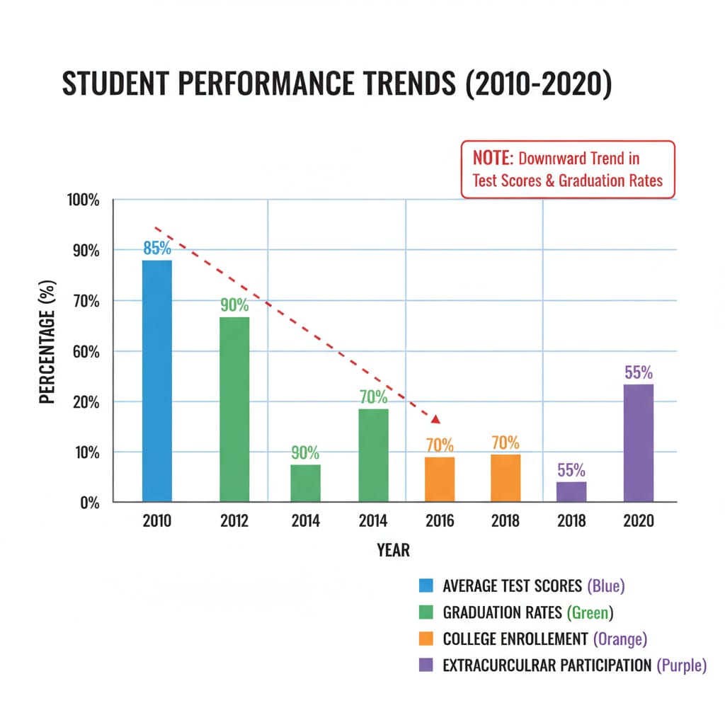 Bar chart depicting the decline in student performance metrics relevant to education management, administrative salaries, and student performance