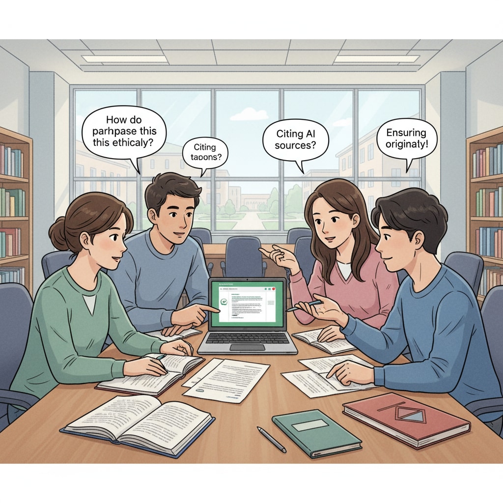 Students discussing the use of ChatGPT in a research paper, emphasizing the importance of academic integrity and legal research.
