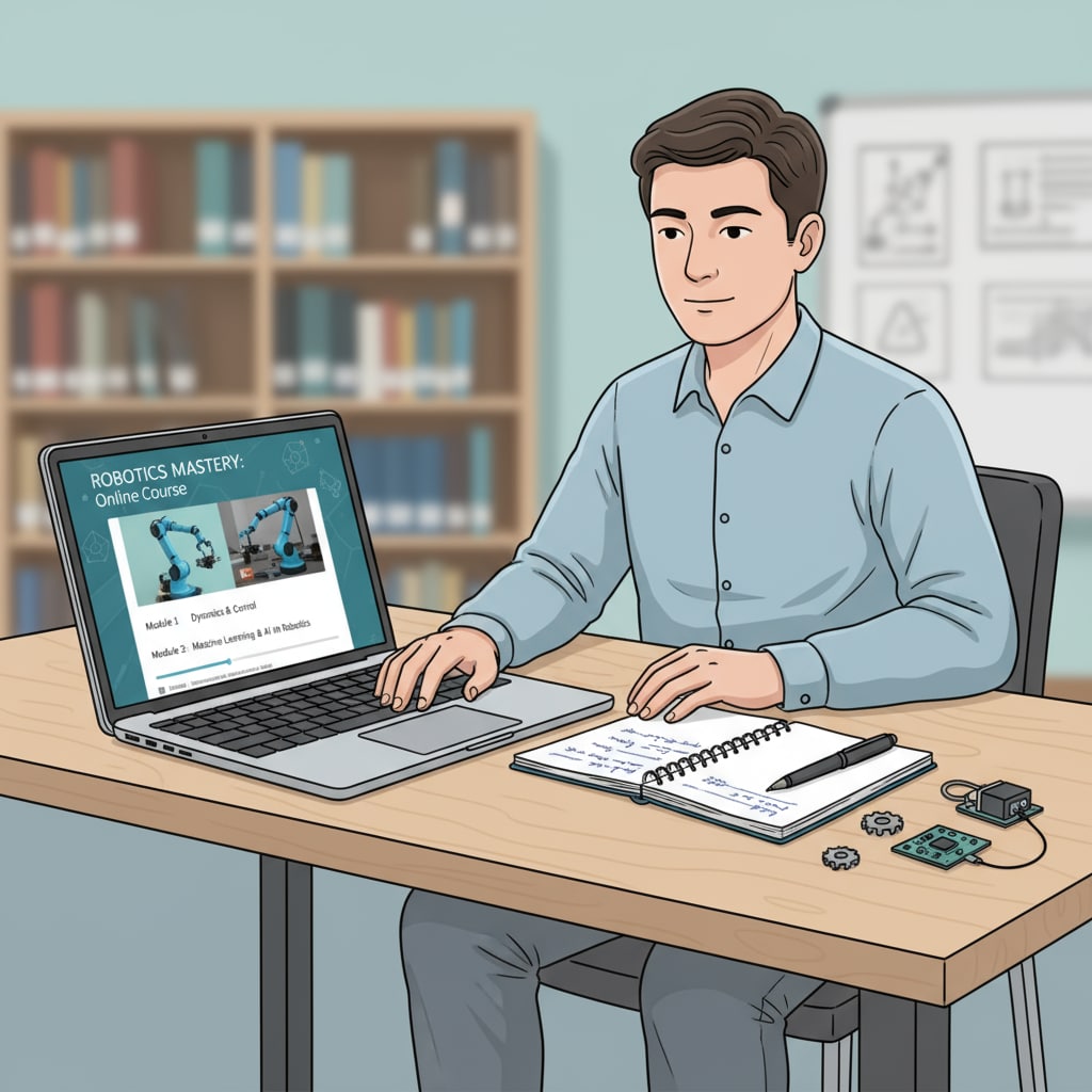 A person learning robotics through an online course as part of their education planning