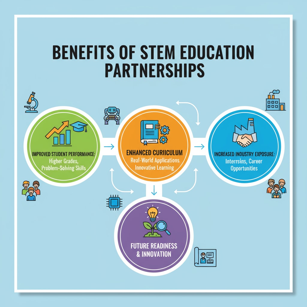 Infographic depicting the benefits of STEM education partnerships for curriculum development and student success