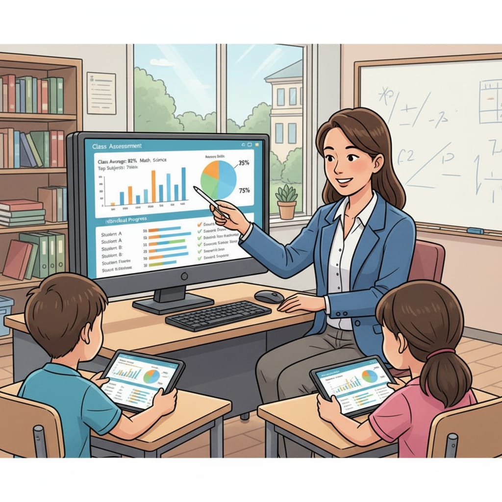 Teacher using digital assessment tool for educational technology - related classroom learning and student engagement