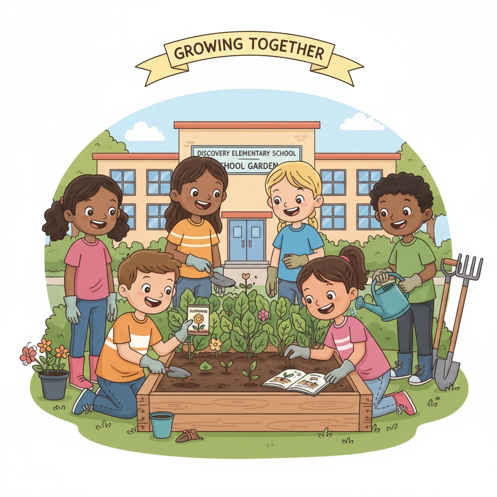 Students engaged in planting seeds in a school garden, highlighting the educational and collaborative aspects of school garden activities related to educational effects and interdisciplinary learning.