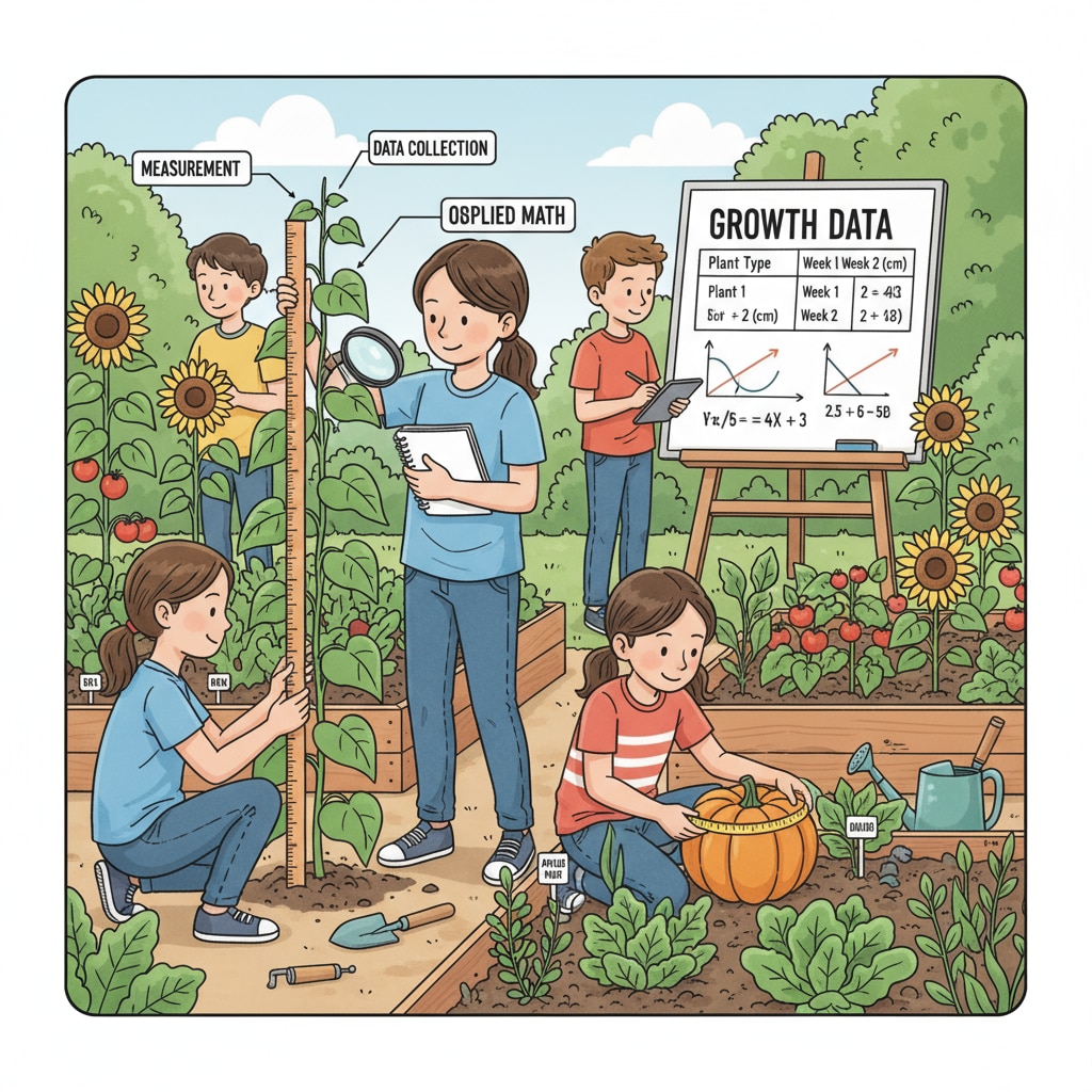 Students measuring plant growth in a school garden, emphasizing the role of school gardens in promoting interdisciplinary learning and enhancing educational effects.
