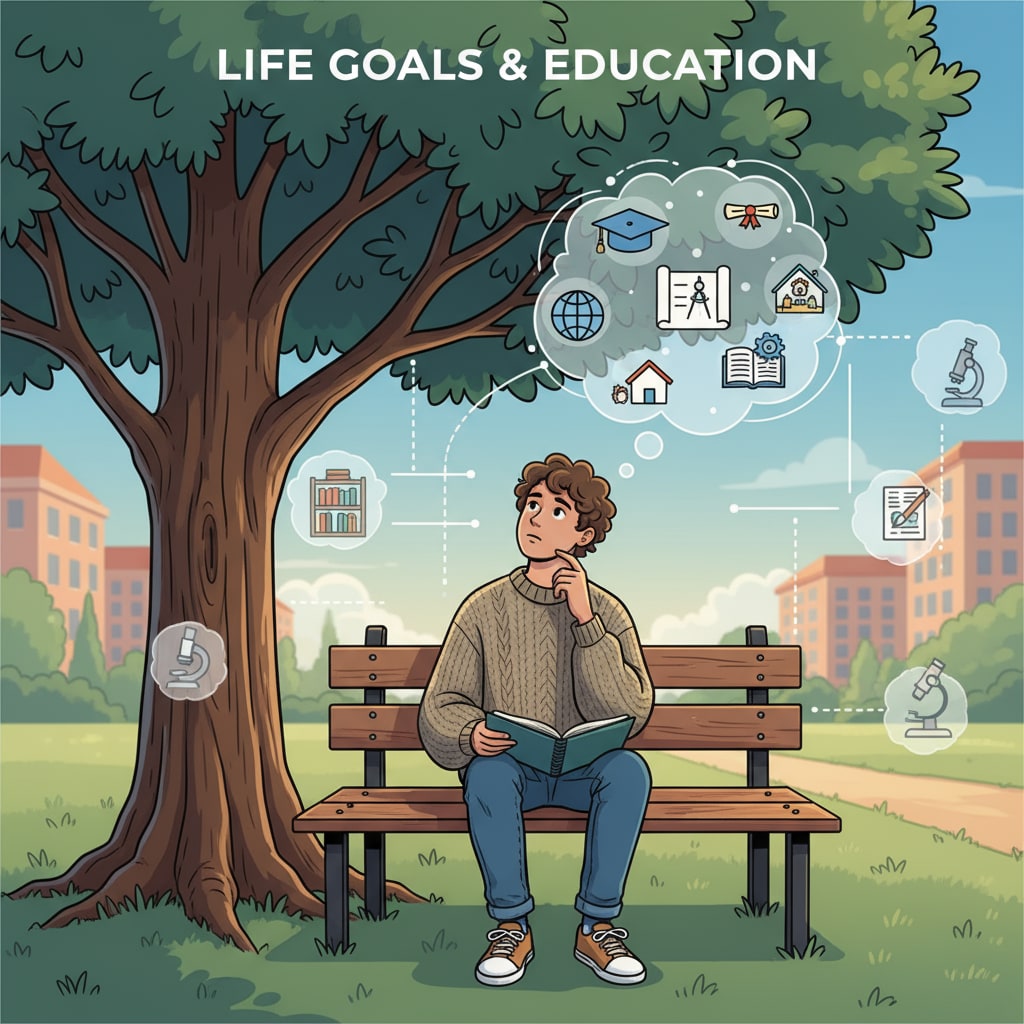 A student engaged in deep thought about their life goals amidst educational decisions and social pressures.