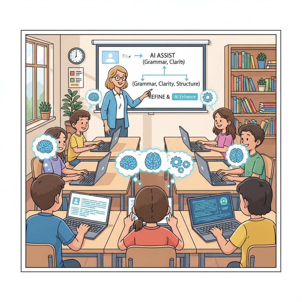 Students using AI writing tools in a classroom setting to support teaching transformation and find their authorial voices.
