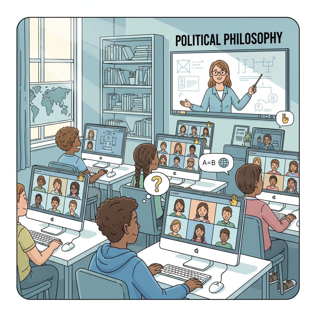 K12 students participating in an online interactive class on political philosophy related to modernity and Islamic thought