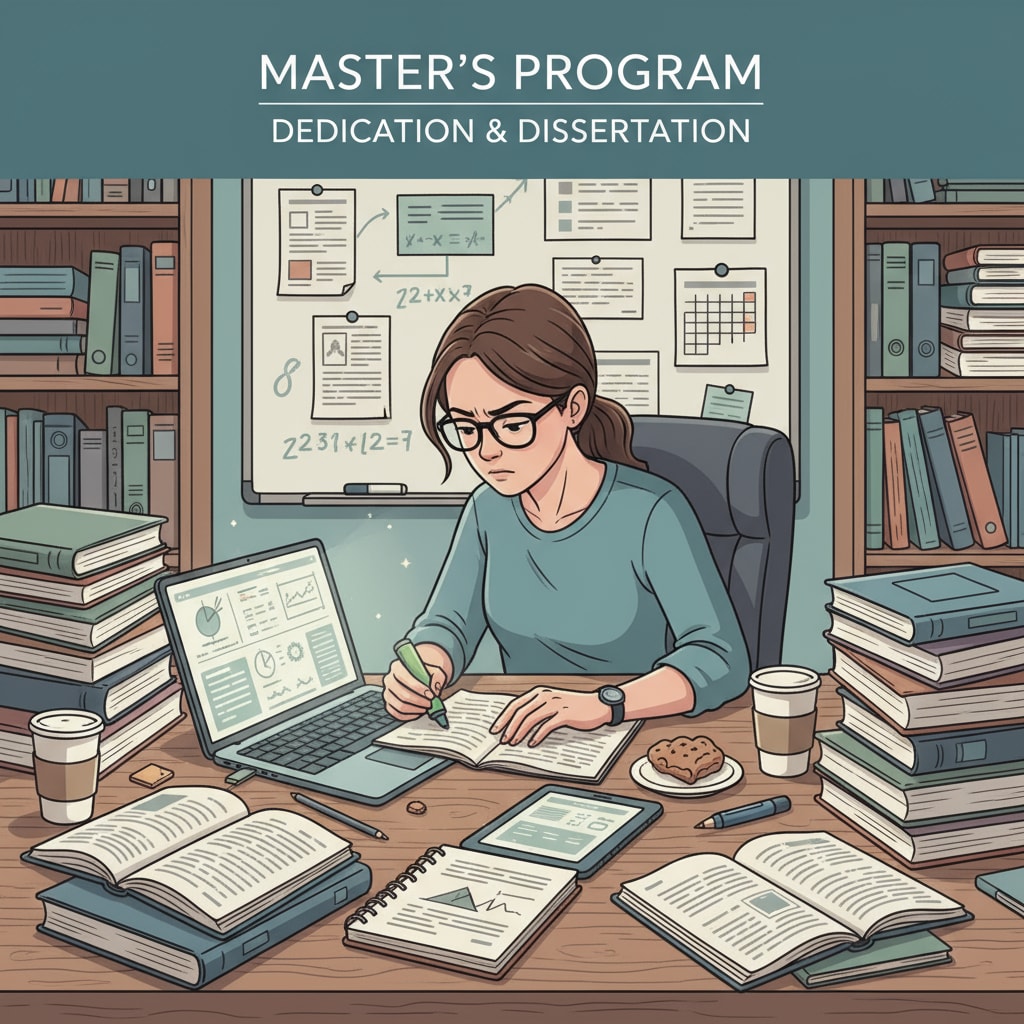 A student is sitting at a desk, surrounded by books and a laptop. The student has a focused expression while studying for their master's degree. This represents the typical workload and dedication required in a master's program. A master's student focused on their studies amidst the workload