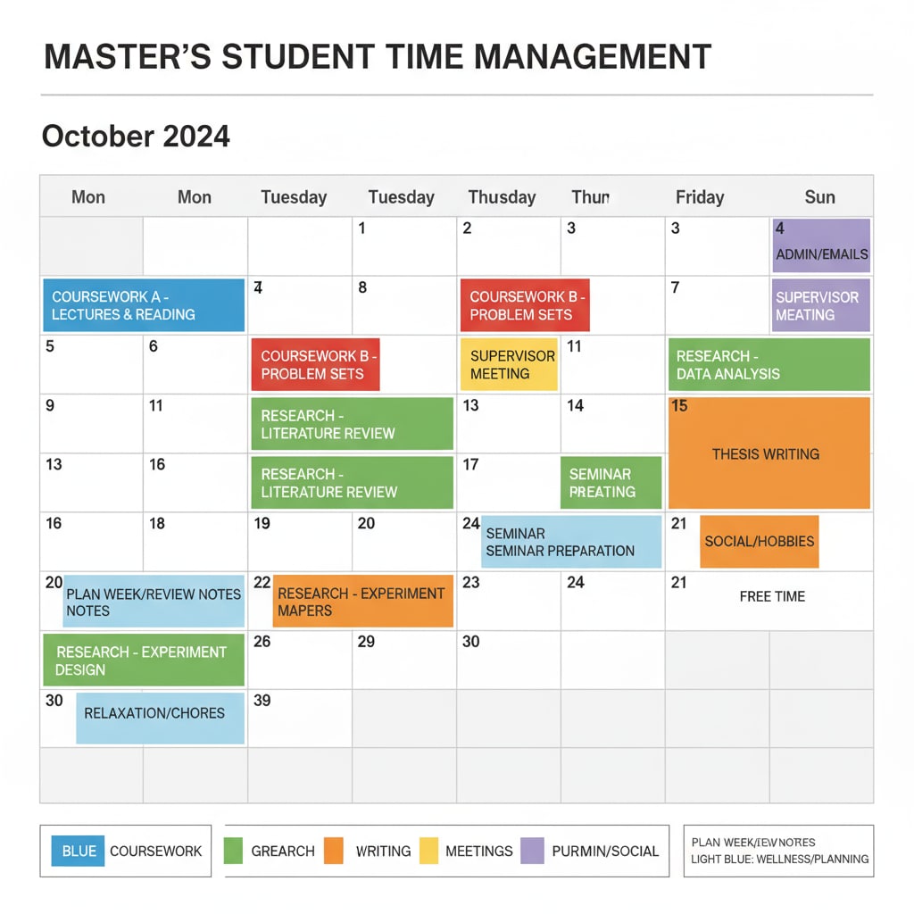 A calendar is shown with different tasks and time slots marked. This illustrates how a master's student can use a calendar for effective time management. A calendar used for time management by a master's student
