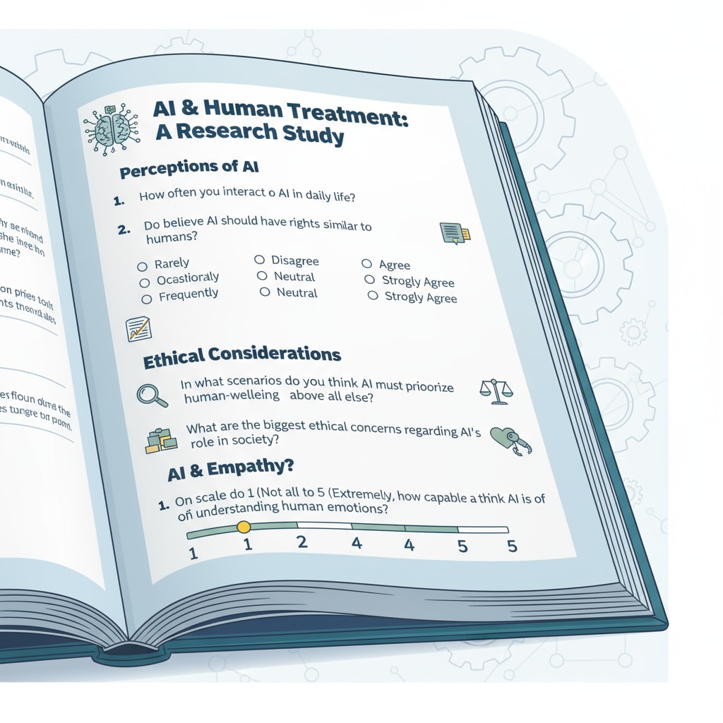 A visual representation of a research questionnaire with questions related to AI and human treatment. Research questionnaire on AI treatment and human treatment