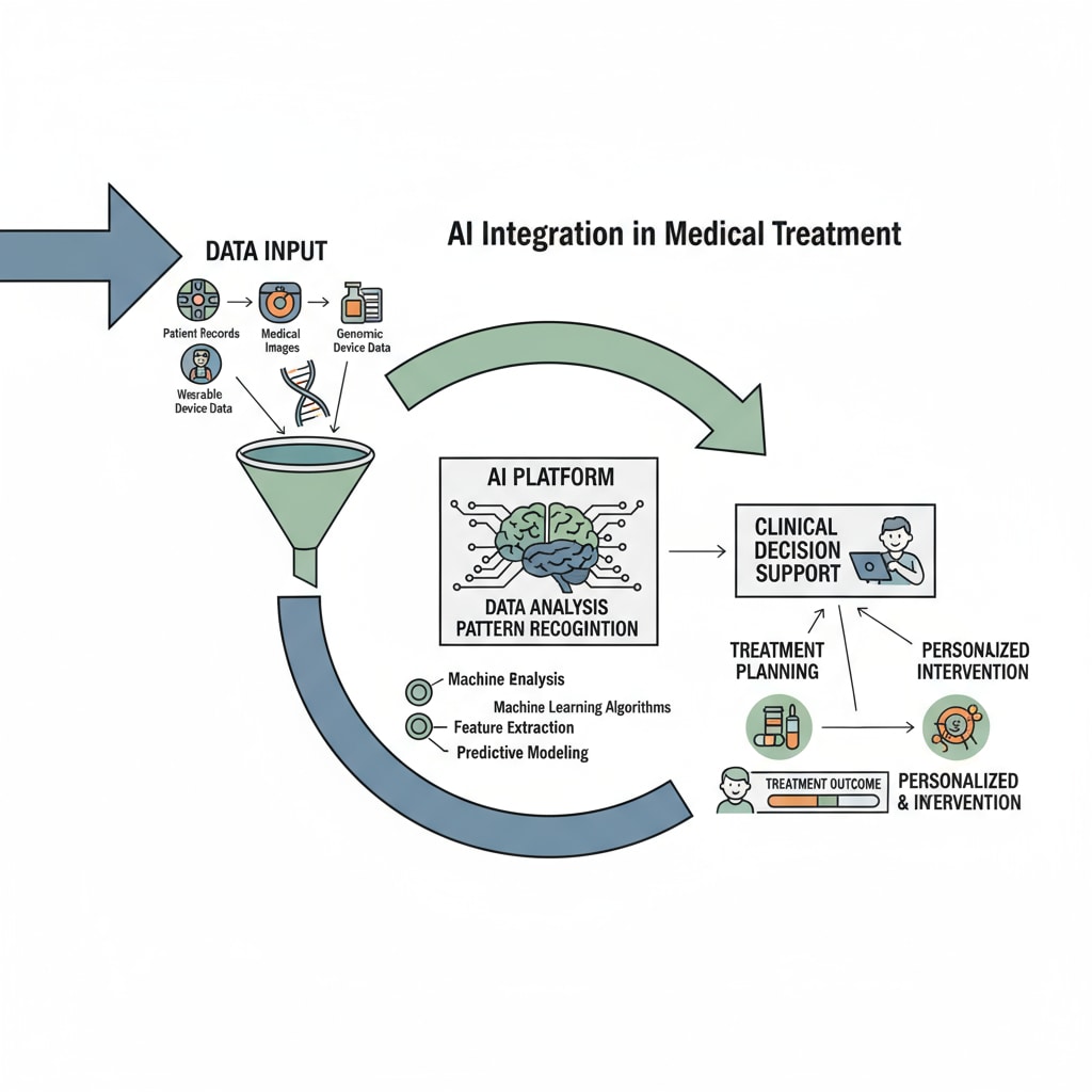 A diagram showing the process of AI integration into treatment, including data input and analysis. Diagram of AI integration in treatment