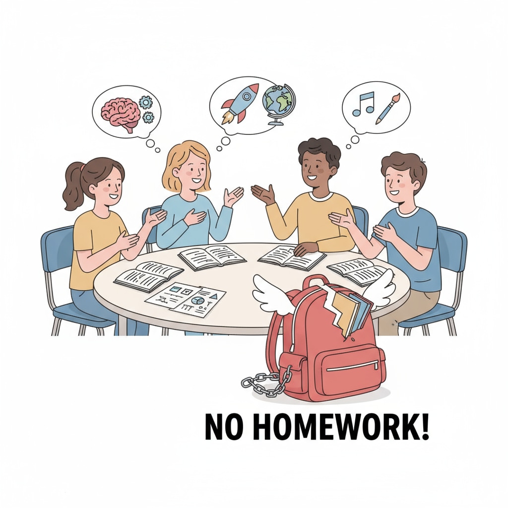 Students discussing topics of interest without mandatory homework, highlighting self-motivation and personal responsibility