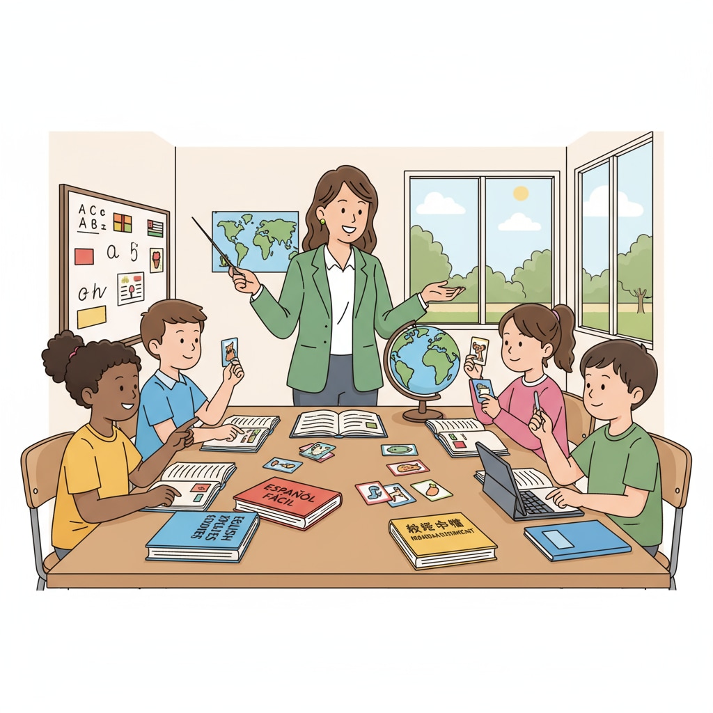 A group of K12 students are looking at language books. Different language textbooks such as English, Spanish, and Mandarin are visible on the table in front of them. This shows the initial stage of language learning when students are exposed to different language materials. K12 students exploring different language books for multilingual learning