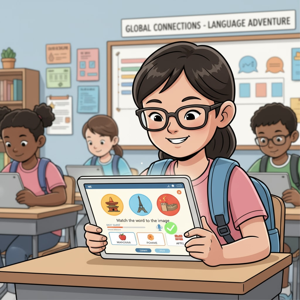 A K12 student is using a language learning app on a tablet. The tablet screen shows colorful language exercises and interactive elements. This represents the use of modern learning tools in language acquisition. K12 student using a language learning app for effective language learning