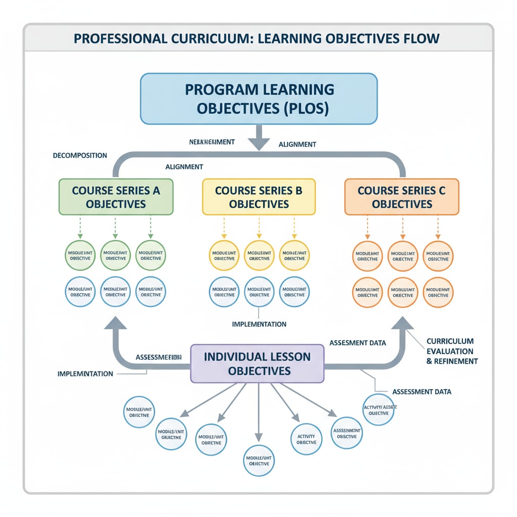 Visual representation of learning objectives in a professional college related to teaching methods and backwards design.