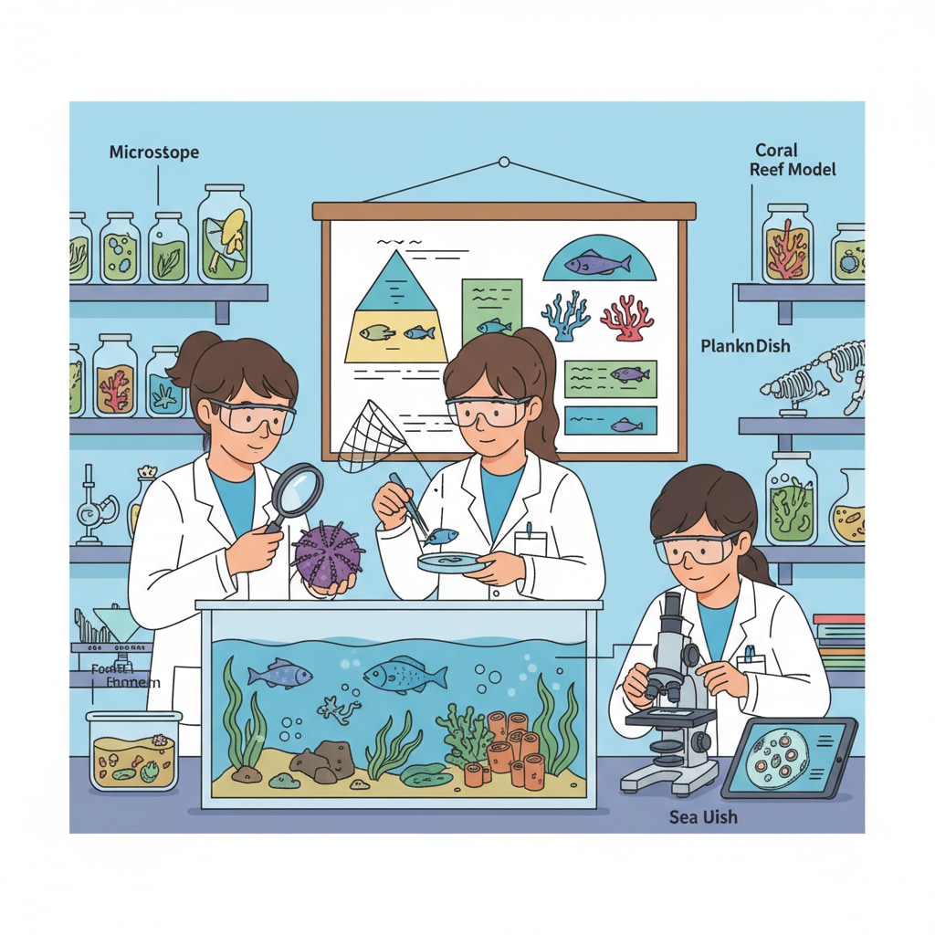 Students conducting research on marine life in an ocean biology class related to pursuing science degrees without prior knowledge