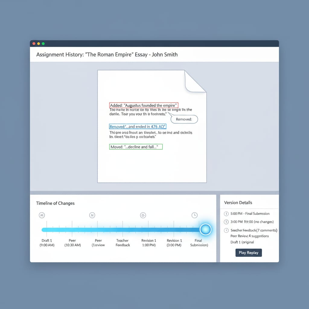 Document history replay tool interface showing writing process timeline for academic integrity and teaching evaluation