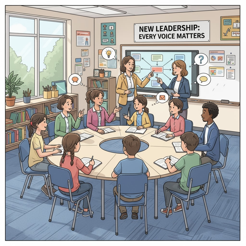 A scene depicting non - traditional leadership structure in a school with teachers and students collaborating