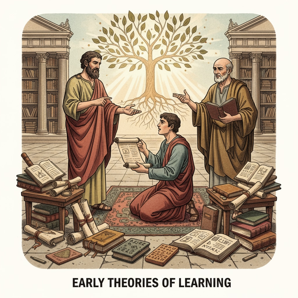 A scene of ancient scholars having a discussion about learning, with books and scrolls around them, symbolizing the early exploration of learning theories. Ancient scholars discussing learning theories related to learning by doing