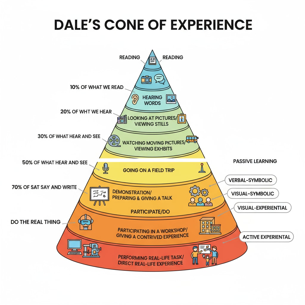 A graphical illustration of Dale's Cone of Experience, showing different levels of learning experiences from the least effective at the top to the most effective at the bottom. Visual representation of Dale's Cone of Experience highlighting learning by doing