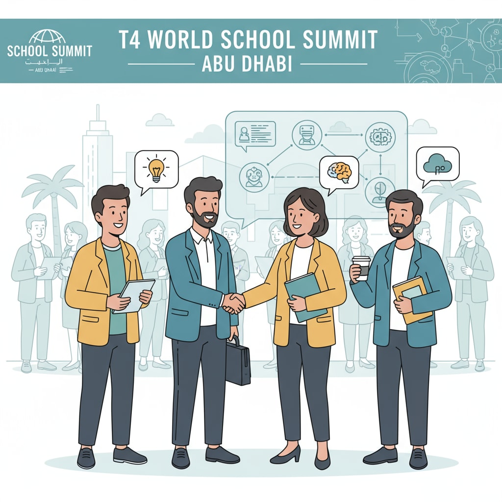 Educators networking at the T4 World School Summit in Abu Dhabi, related to fundraising networks and Middle Eastern cultural etiquette